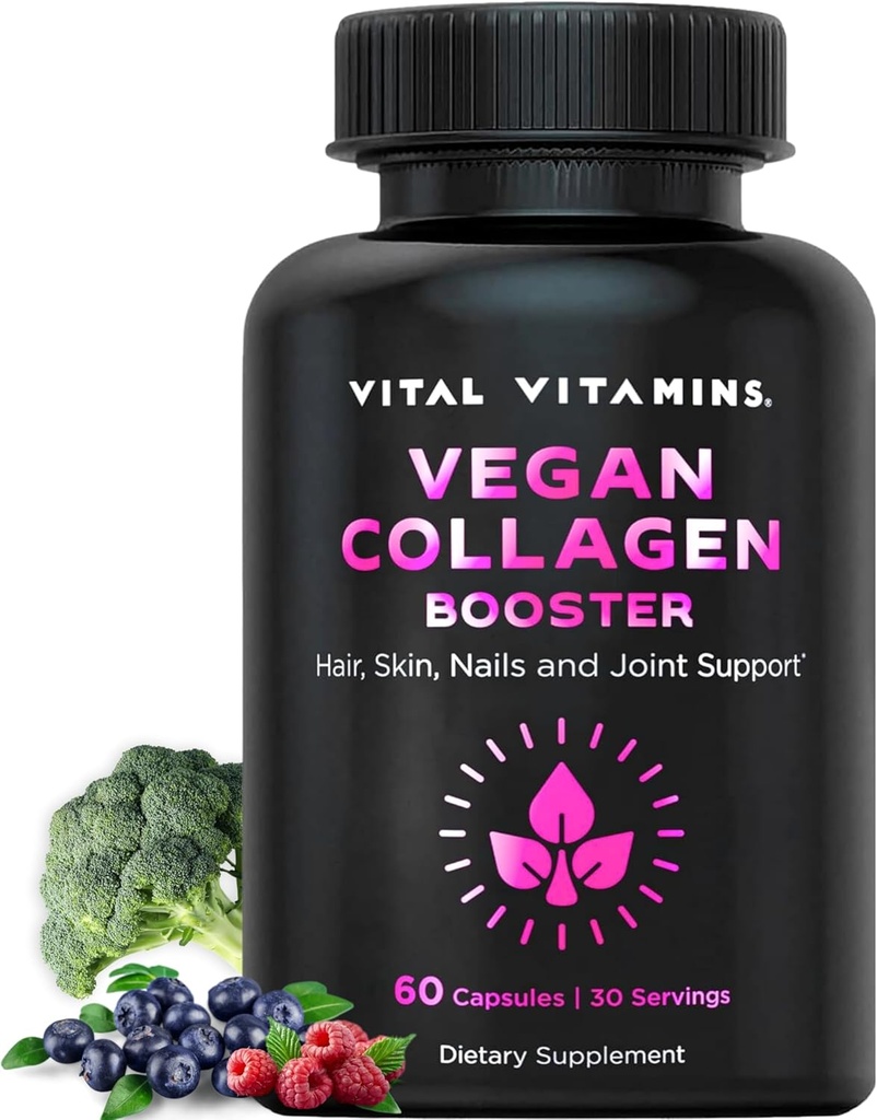 Vitamines Vitales Vegan Collagen Booster - avec Silice et l'acide hyaluronique - Suppléments de collagène à base végétale - Supporte cheveux, peau, ongles et articulations - 60 capsules