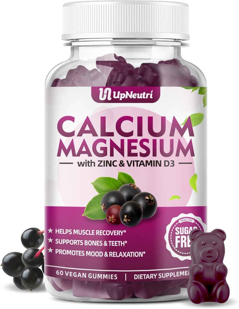 Zinc de magnésium de calcium avec supplément de vitamine D3, Gommies de calcium sans sucre pour les femmes hommes, Gommies de zinc d'absorption élevée pour les os et les muscles et la santé immunitaire, saveur de mûrier végétalien - 60 comte