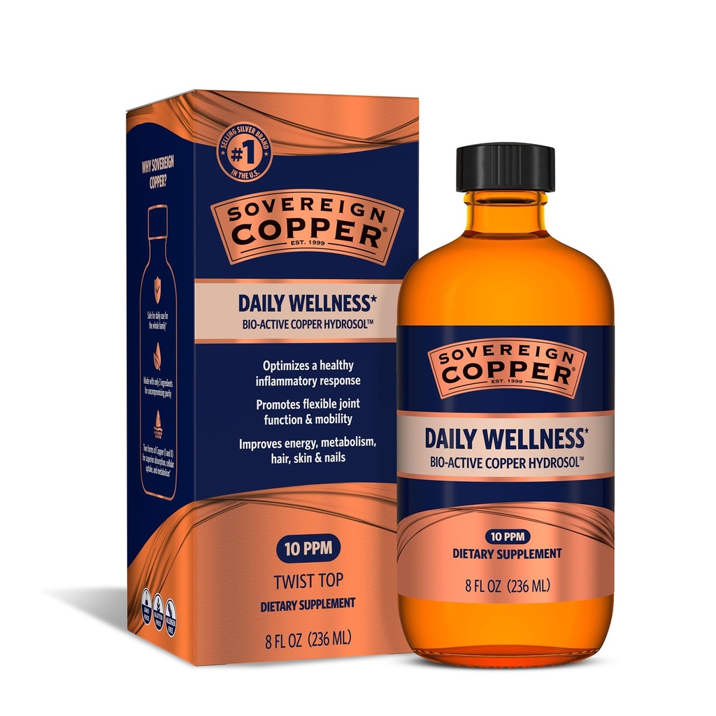 Sovereign Copper Bio-Active Copper Hydrosol, Daily+ 4-in-1 Wellness Supplement for Joint, Bone, Hair, Skin and Nails, Energy and Metabolic Health Support, 8 fl oz (237mL)