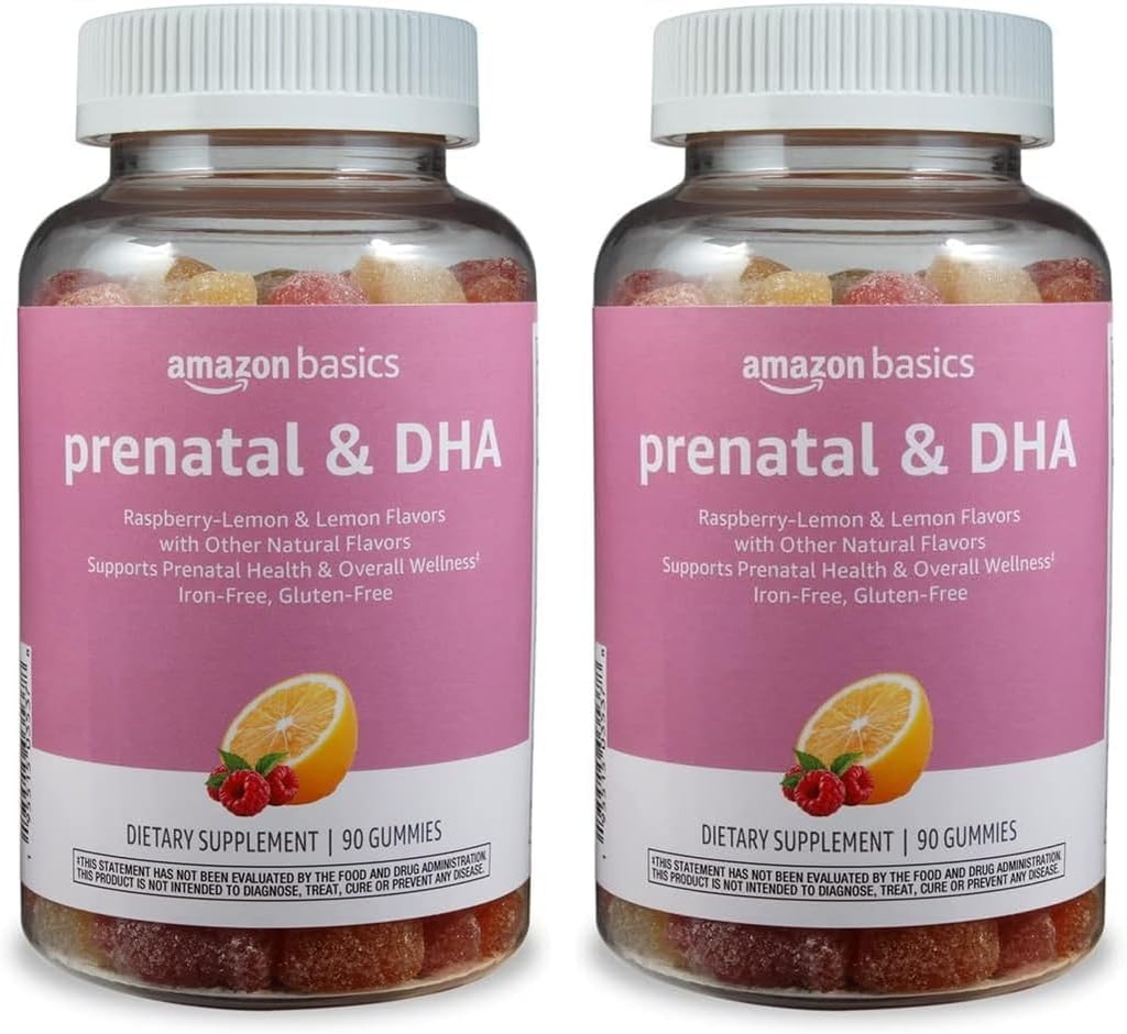 Amazon Basics Prenatal & DHA Gummy, Rasberry & Lemon Flavor, 90 Count (Previously Solimo) (Pack of 2)