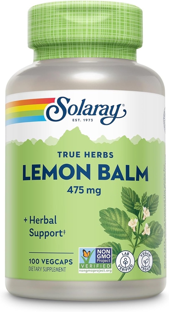 SOLARAY Baume de citron Aérial 475 mg - Calme mental sain, relaxation et soutien au repos - Aérial entier pour profil nutritif complet - Non-OGM, végétalien - 100 portions, 100 VegCaps