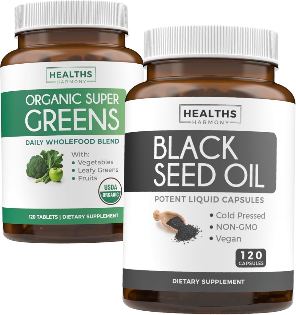 Super Greens & Black Seed (2 mois d'approvisionnement) Greens Oil Synergy Bundle of Organic Super Greens Poudre - Superfood complet (120 capsules) & Black Seed Oil - Nigeilla Sativa pressée à froid (120 capsules)
