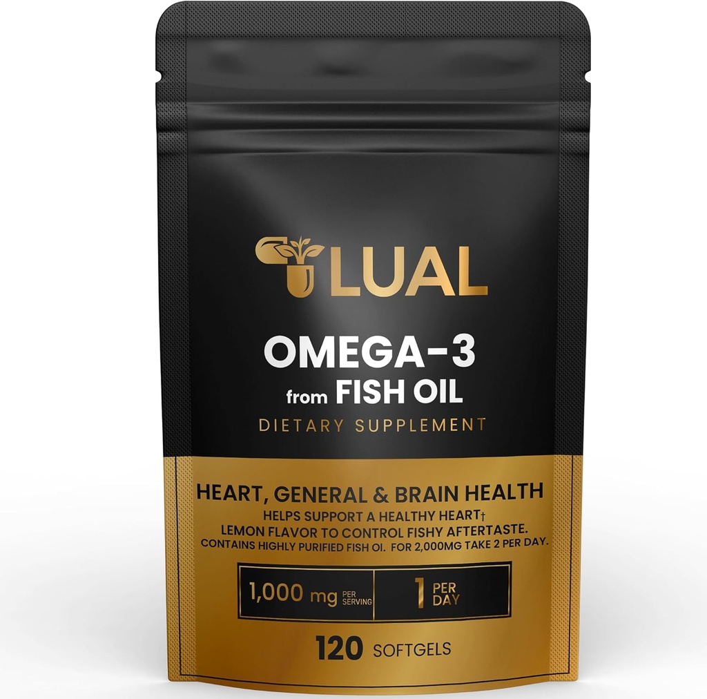 LUAL Omega-3 Huile de poisson Softgels – 1000mg avec EPA et DHA, Lemon Flavor, sans Burp, formule non-OGM pour le coeur, le cerveau et le bien-être global – 120 Compte