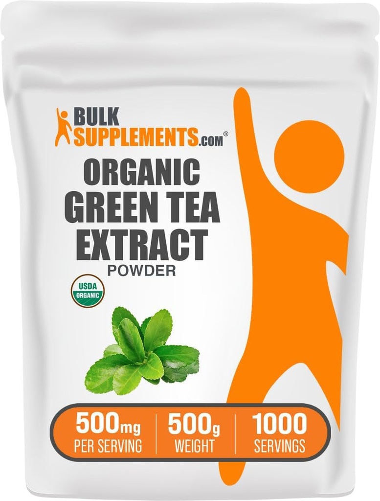 BulkSupplements.com Poudre d'extrait de thé vert biologique - Poudre de thé vert biologique, supplément de polyphénols - Vegan & sans gluten, 500mg par portion, 500g (1,1 lb) (paquet de 1)