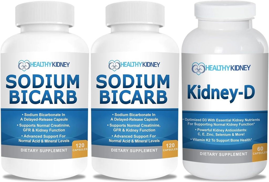 Bicarbonate de sodium 650mg Capsules pour soulager l'acide, Alkalinity 120 Pills 2-Pack + Supplément rein-D. Vitamine D optimisée pour le soutien du rein.