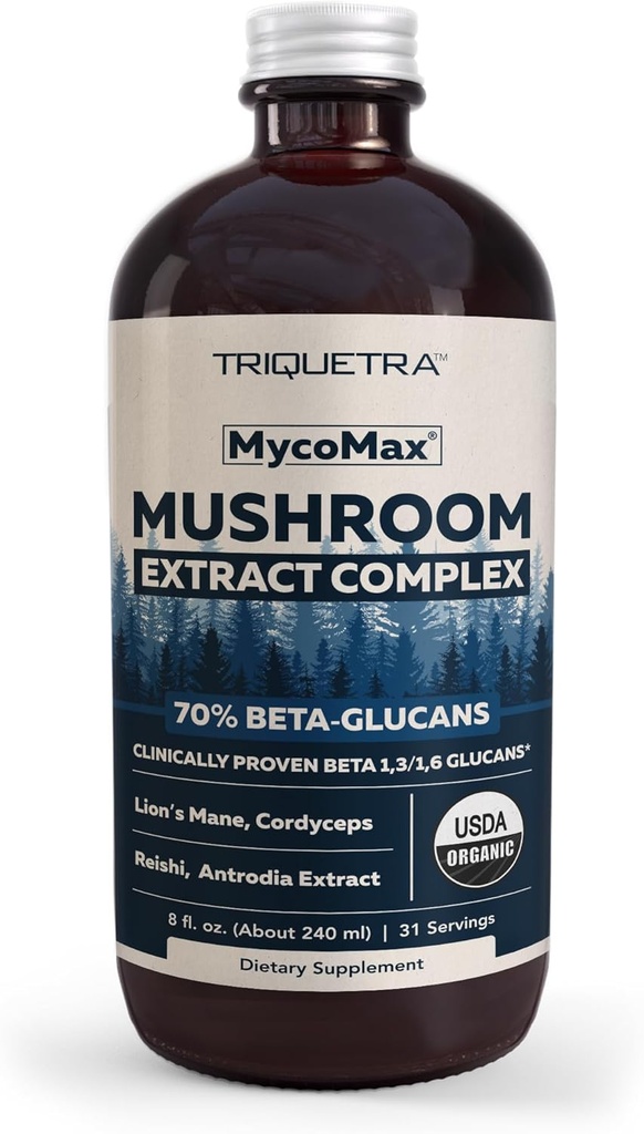 MycoMax Complexe de Champignons - 70% Beta Glucans, Max Potency Supplément de Champignons, US Grown + Extraction Ultrasonique - Lions Mane, Cordyceps, Reishi & More - Promotion de la Cognition, Immunité, Énergie - 8 oz.