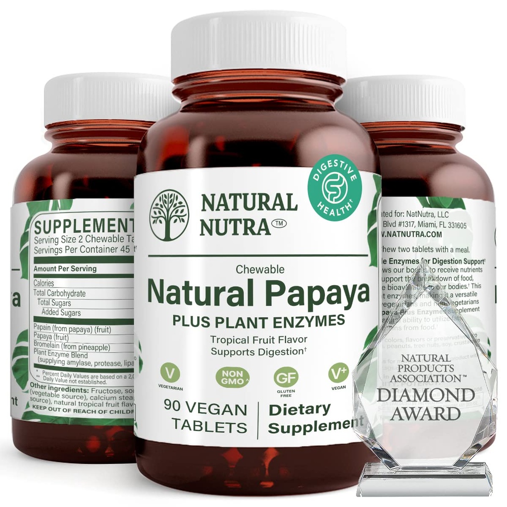 Enzymes croustillantes Nutra Papaya naturelles pour la digestion et le nettoyage du corps - soutient la santé digestive, la fatigue gastro-intestinale - Absorption nutritive et réduit le gonflement - 90 comprimés végétaliens