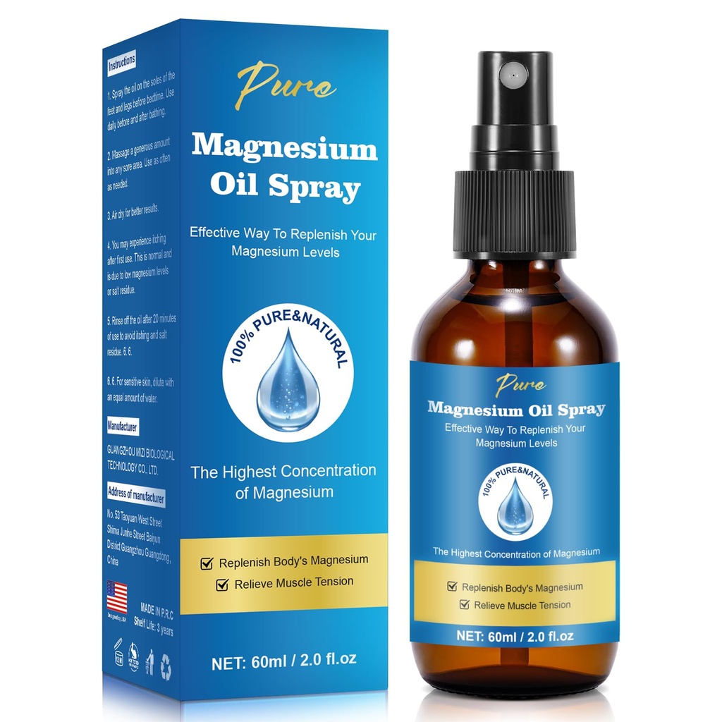 Spray d'huile de magnésium pur, Spray de magnésium,Huile de magnésium pour pieds, Bouteille de verre de magnésium,2 fl oz/60ml, Facile à absorber et à utiliser