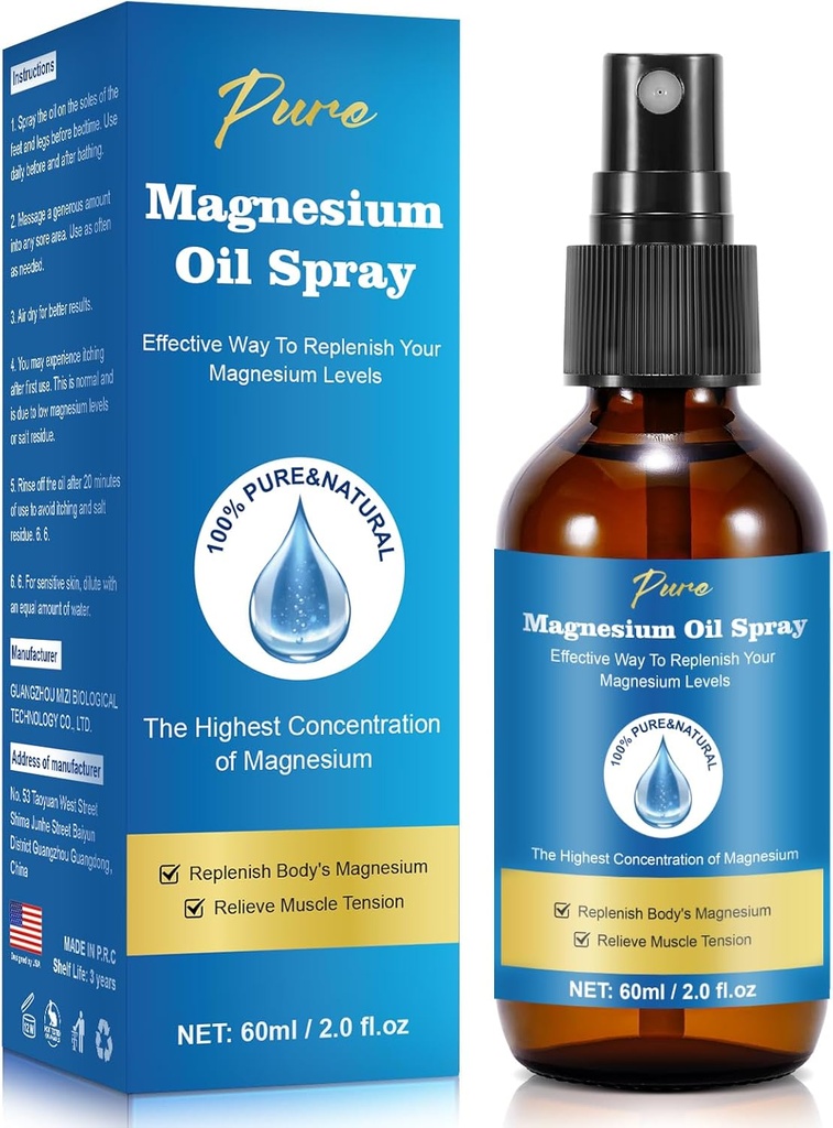 Spray d'huile de magnésium pur, Spray de magnésium,Huile de magnésium pour pieds, Bouteille de verre de magnésium,2 fl oz/60ml, Facile à absorber et à utiliser