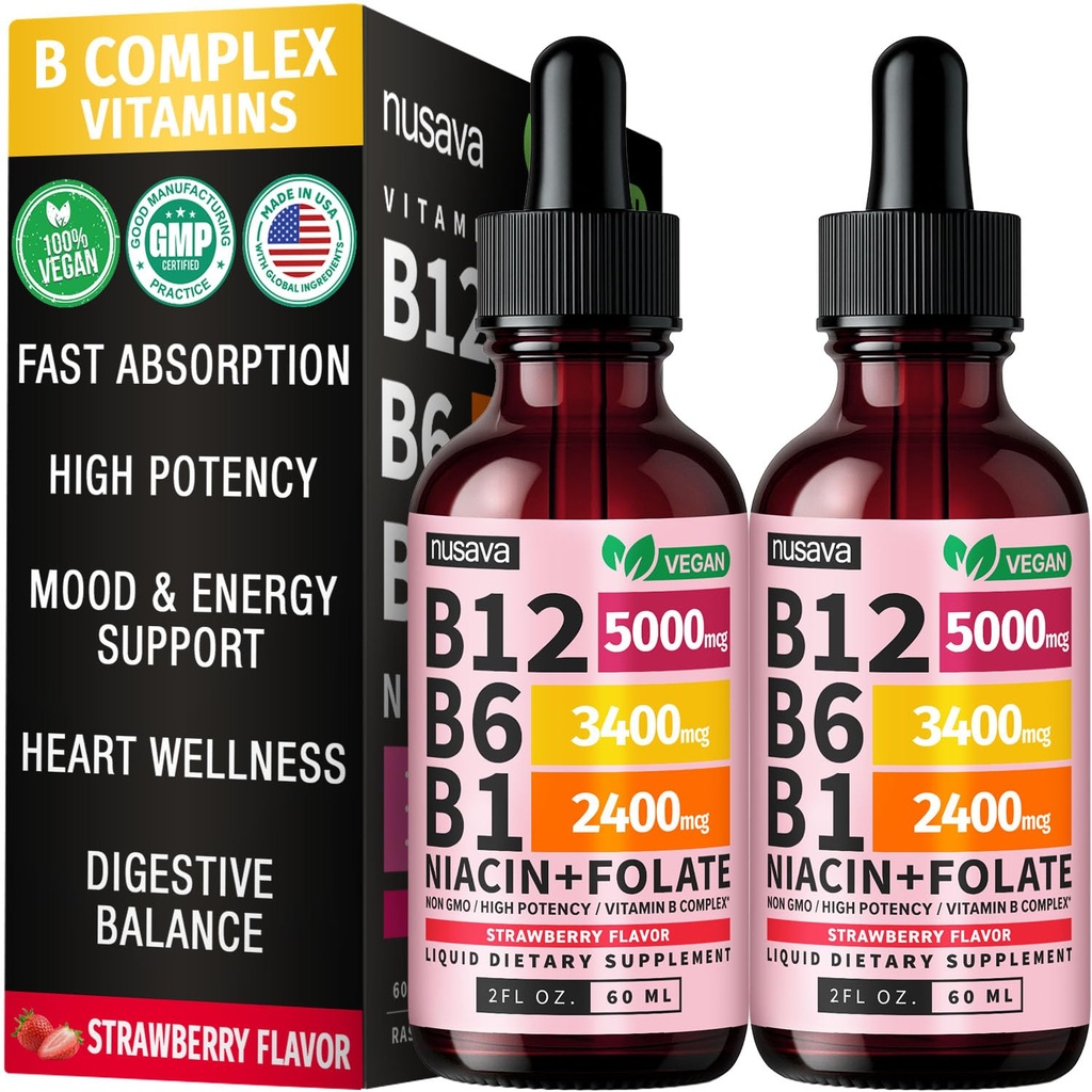 (2 paquets) Vitamine B12 et B6 Liquid Drops, B12 Complexe Sublingual Vitamine B - B 12 Vitamine 5000mcg - B12 Méthylcobalamine pour l'énergie, le cerveau et le coeur avec 27 200 mcg, fraise, 80 portions