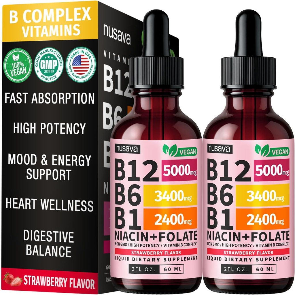 (2 paquets) Vitamine B12 et B6 Liquid Drops, B12 Complexe Sublingual Vitamine B - B 12 Vitamine 5000mcg - B12 Méthylcobalamine pour l'énergie, le cerveau et le coeur avec 27 200 mcg, fraise, 80 portions