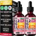 (2 paquets) Vitamine B12 et B6 Liquid Drops, B12 Complexe Sublingual Vitamine B - B 12 Vitamine 5000mcg - B12 Méthylcobalamine pour l'énergie, le cerveau et le coeur avec 27 200 mcg, fraise, 80 portions