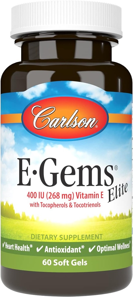 Carlson - E-Gems Elite, 400 UI de vitamine E avec des tocophérols et des tocotriénols, santé cardiaque et bien-être optimal, antioxydant, 60 gels mous
