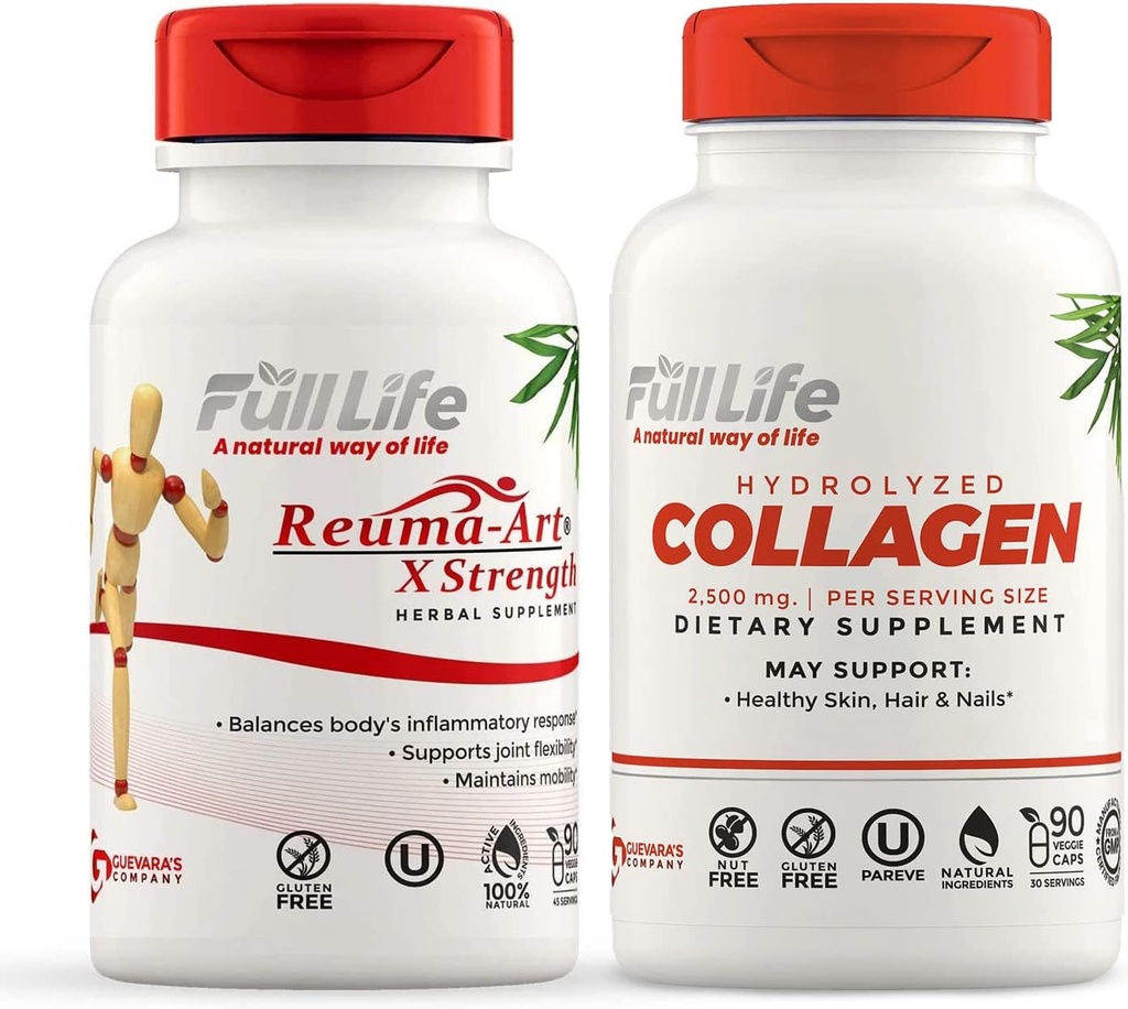 Full Life Reuma-Art X Strength et collagène hydrolysé - Supplément d'appui à l'articulation - Pilules de collagène bovine - Casher, sans gluten - 90 Capsules de légumes chacune