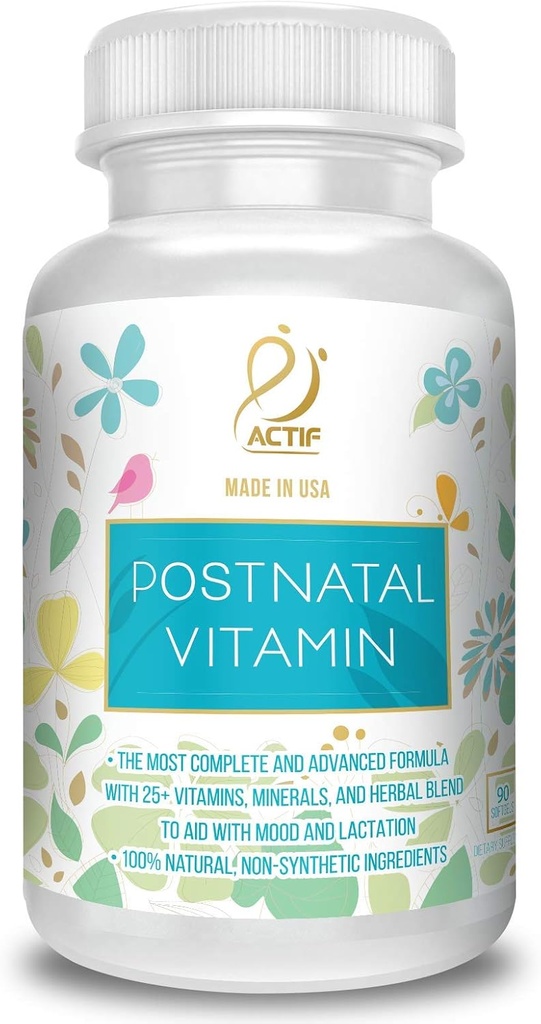 ACTIF Vitamine postnatale avec 25+ Vitamines organiques et herbes organiques, supplément de soins infirmiers et d'allaitement, soutient le développement du cerveau de bébé, non OGM, fabriqué aux États-Unis, 90 Compte