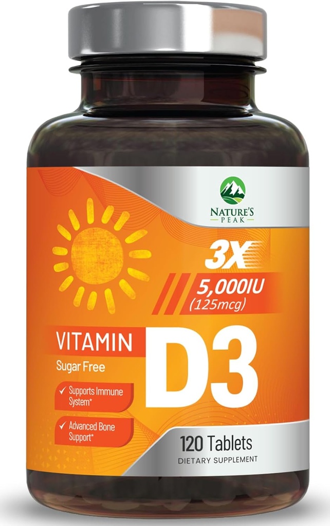 Vitamine D3 5000iu (125 mcg) Immune Soutien de la santé - supplément diététique à haute puissance Vitamine D pour os, dents, muscles - VIT D de la nature, végétalien, sans gluten, framboise - 120 comprimés à croquer