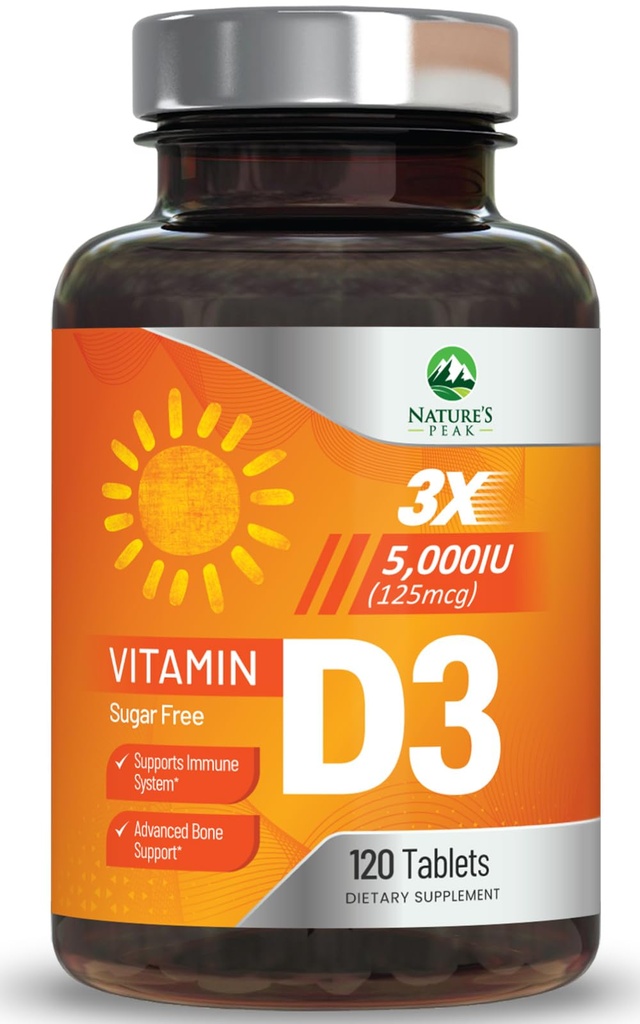 Vitamine D3 5000iu (125 mcg) Immune Soutien de la santé - supplément diététique à haute puissance Vitamine D pour os, dents, muscles - VIT D de la nature, végétalien, sans gluten, framboise - 120 comprimés à croquer
