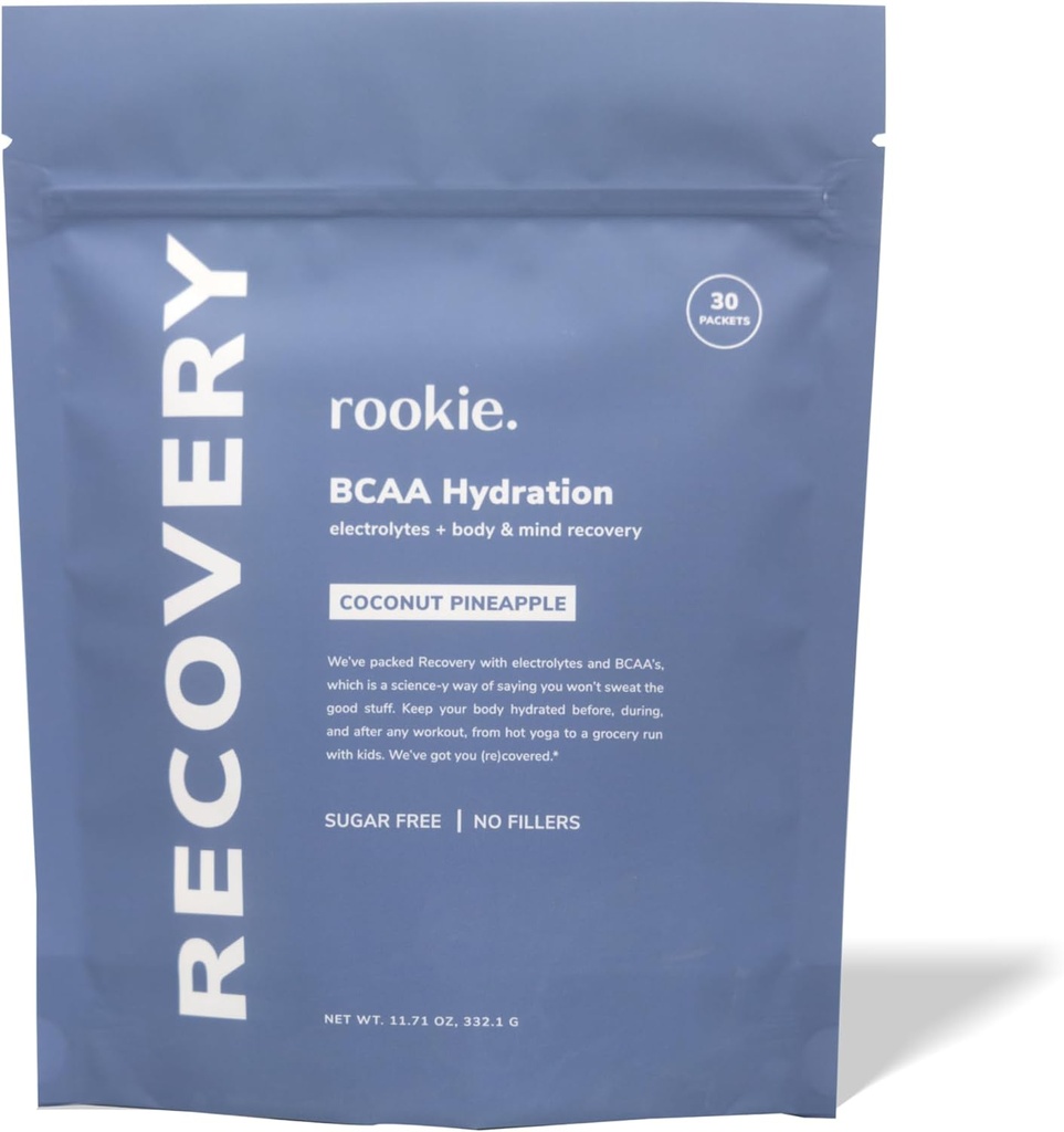 Rookie Wellness Recovery BCAA - Electrolyte et BCAA poudre avec 5 g d'acides aminés à chaîne ramifiée pour la récupération musculaire, électrolytes pour l'hydratation, et seulement 10 calories (30 portions, ananas de noix de coco)