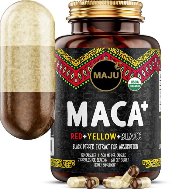 Maju Superfoods 4-en-1 Capsules de racine de maca, racines noires, jaunes et rouges biologiques w Extrait de poivre noir pour l'absorption (120 ct)