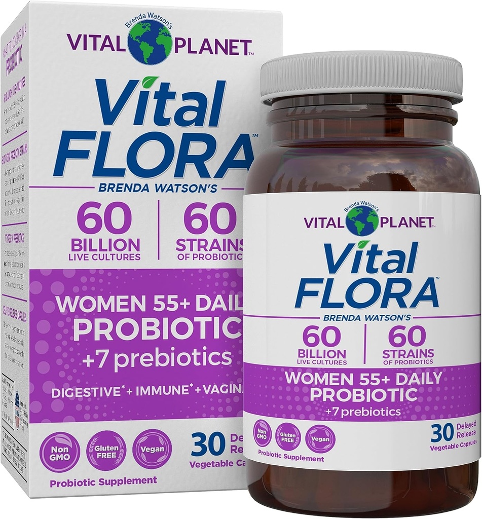 Vital Planet - Vital Flora Women Plus de 55 Probiotiques quotidiens, 60 Million CFU, différentes souches, prébiotiques organiques, soutien vaginal et immunitaire, probiotiques de santé digestive pour les femmes 30 capsules