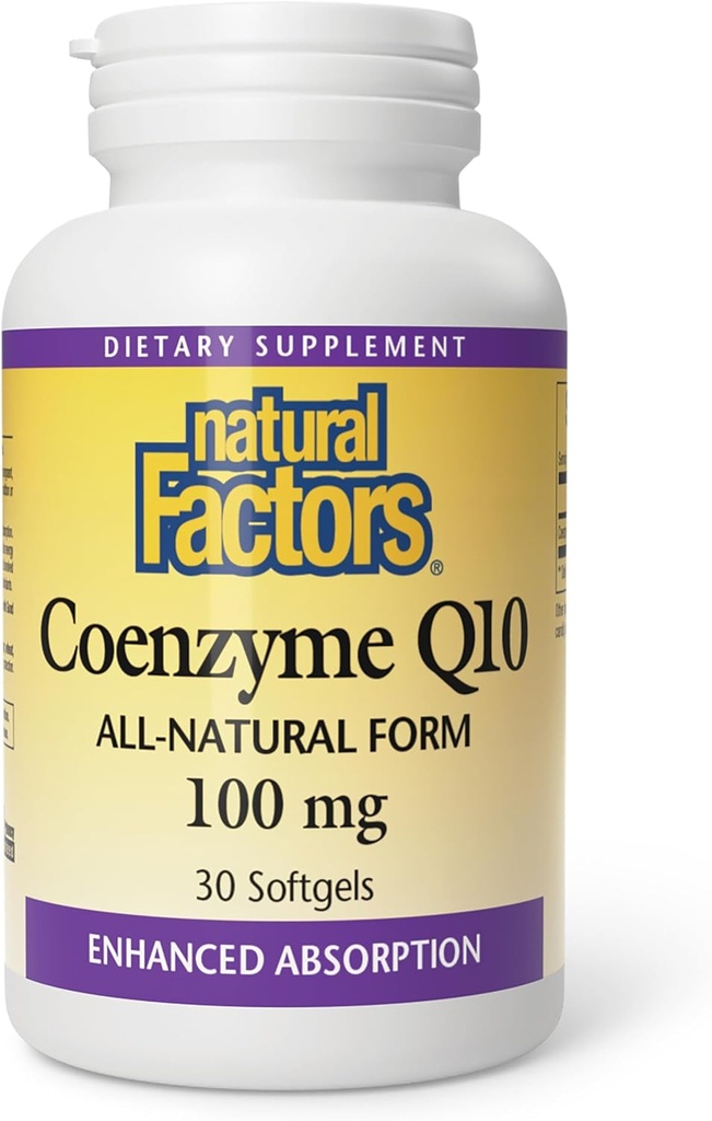 Facteurs naturels Coenzyme Q10 - Supplément de soutien aux antioxydants soutient la production d'énergie cellulaire - Meilleures aides à l'absorption Fonction cardiaque saine - 100 mg, 60 Softgels (60 portions)