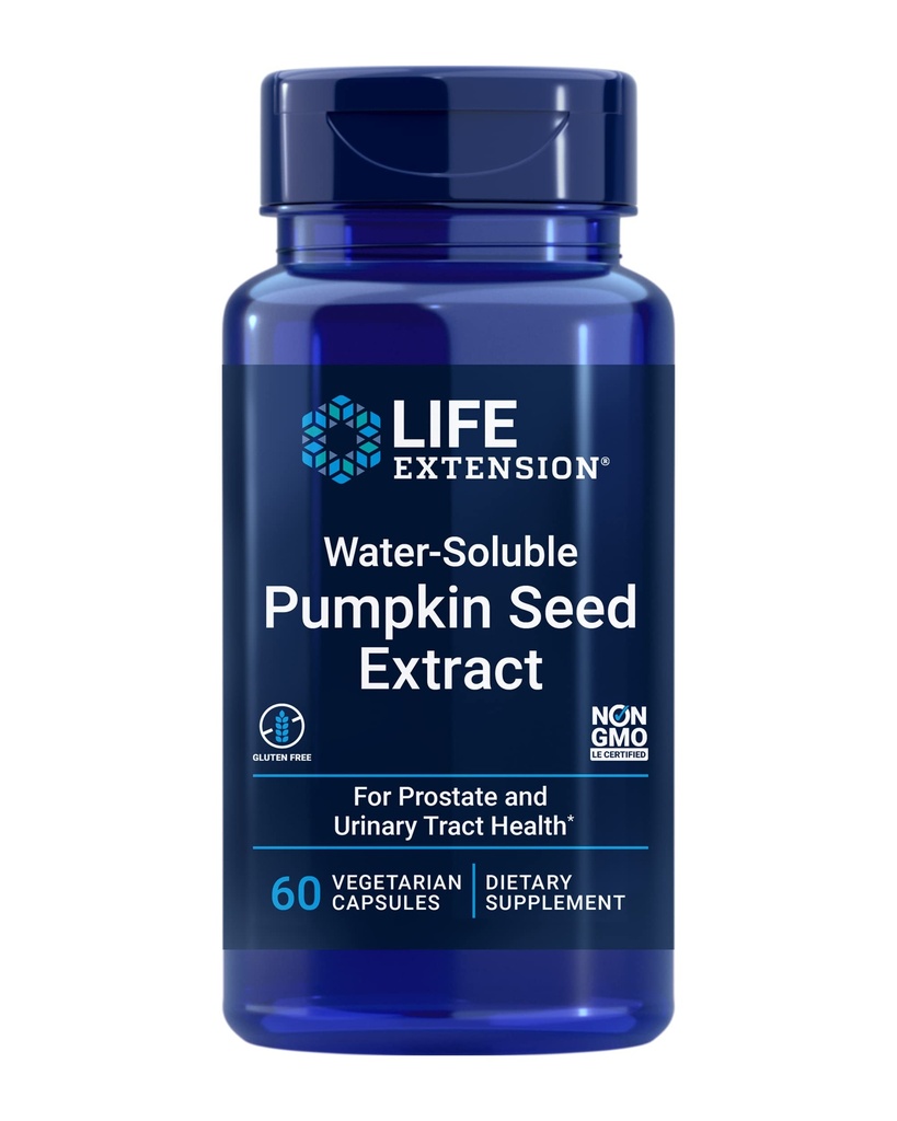 Extension de vie Extrait de graines de citrouille soluble d'eau, favorise la santé de la prostate et du trac urinaire, soutien de santé Bladder, hommes, femmes, sans gluten, non OGM, végétarien, 60 capsules