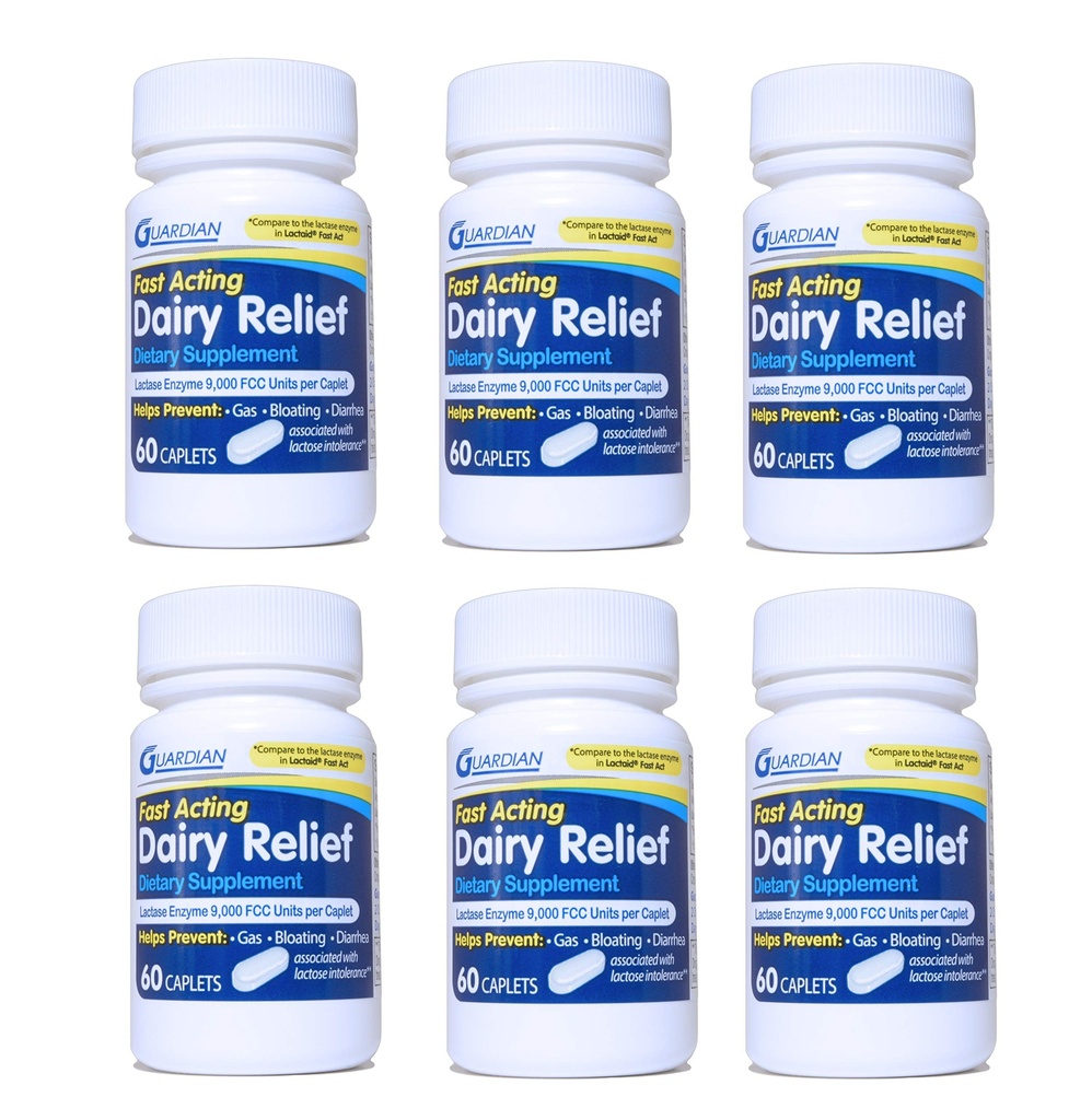 Guardian Dairy Relief Caplets à action rapide, 9000 FCC, Pilules d'intolérance à la lactase, Enzyme de lactase (360CT)