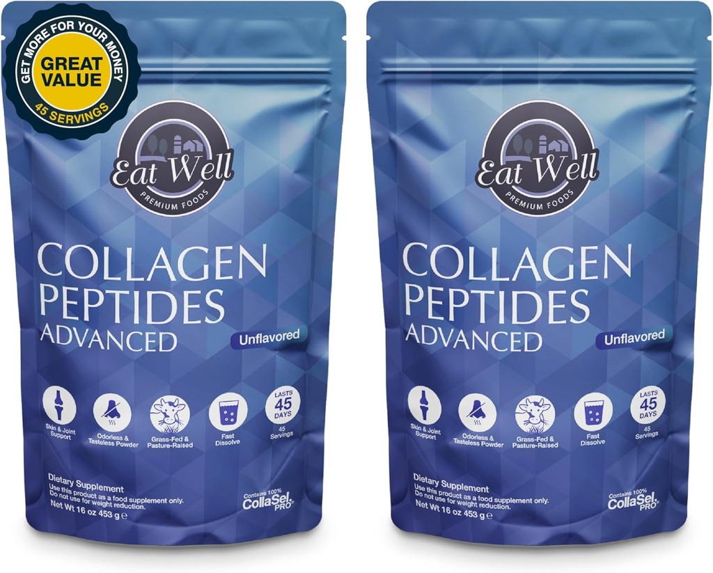 EAT WELL PREMIUM ALIMENTS Collagène Peptides Poudre Protéine 45 portions, 16 oz, Collagène pour la peau, les os et le soutien articulaire, type I et III Herbacé Collagène (45 portions (paquet de 2), non aromatisé)