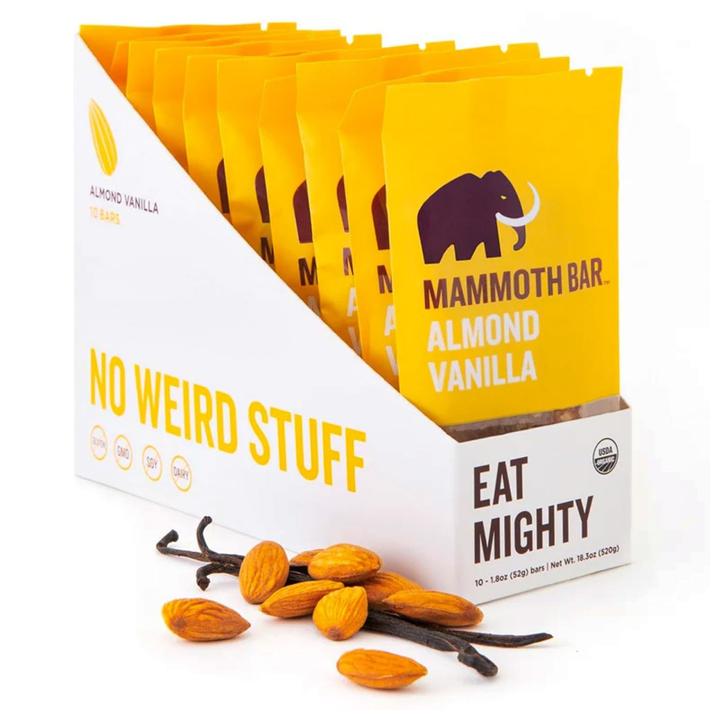 Barre de Mammouth Amande Vanilla Bar - 10 barres de protéines organiques – Prébiotique • Paléo • Sans gluten • Protéine d'oeuf • Sans OGM • Raw • Noix premium