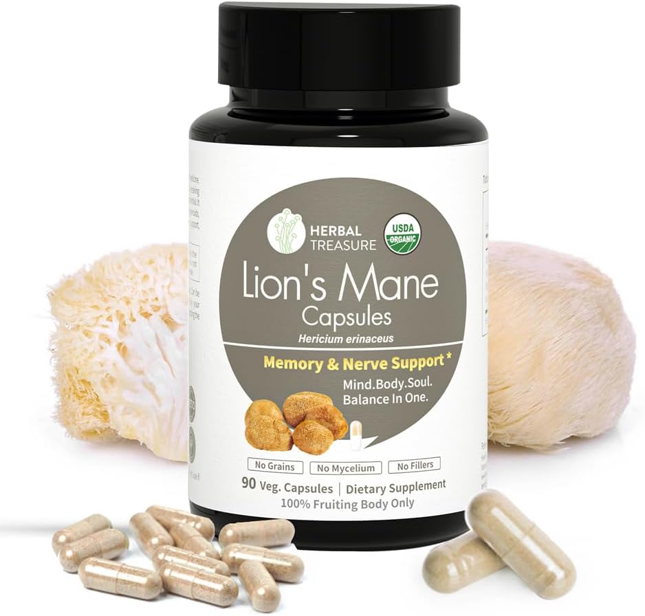 Herbal Treasure Lions Mane Supplément Capsules, fabriqués avec de la poudre de lions biologiques pour les suppléments de clarté mentale et de focus, 800mg Lions Lions Mane Poudre bio Complément de champignons biologiques 90 Caps