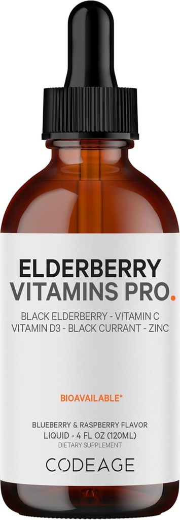 Codeage Elderberry Vitamines Pro - Bio Black Elderberry Liquid Drops - Vitamine C, D3, zinc, cassis noir - 2 mois d'approvisionnement - Black Sambucus Liquid - Supplément pour adultes et enfants - 4 fl oz