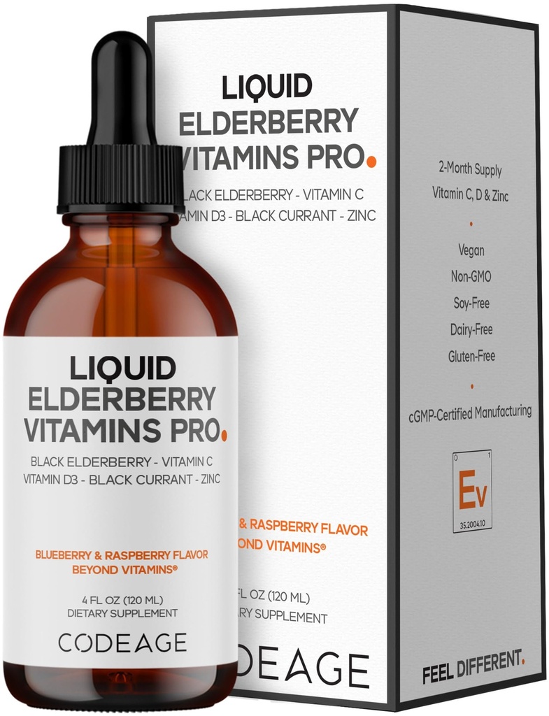 Codeage Elderberry Vitamines Pro - Bio Black Elderberry Liquid Drops - Vitamine C, D3, zinc, cassis noir - 2 mois d'approvisionnement - Black Sambucus Liquid - Supplément pour adultes et enfants - 4 fl oz