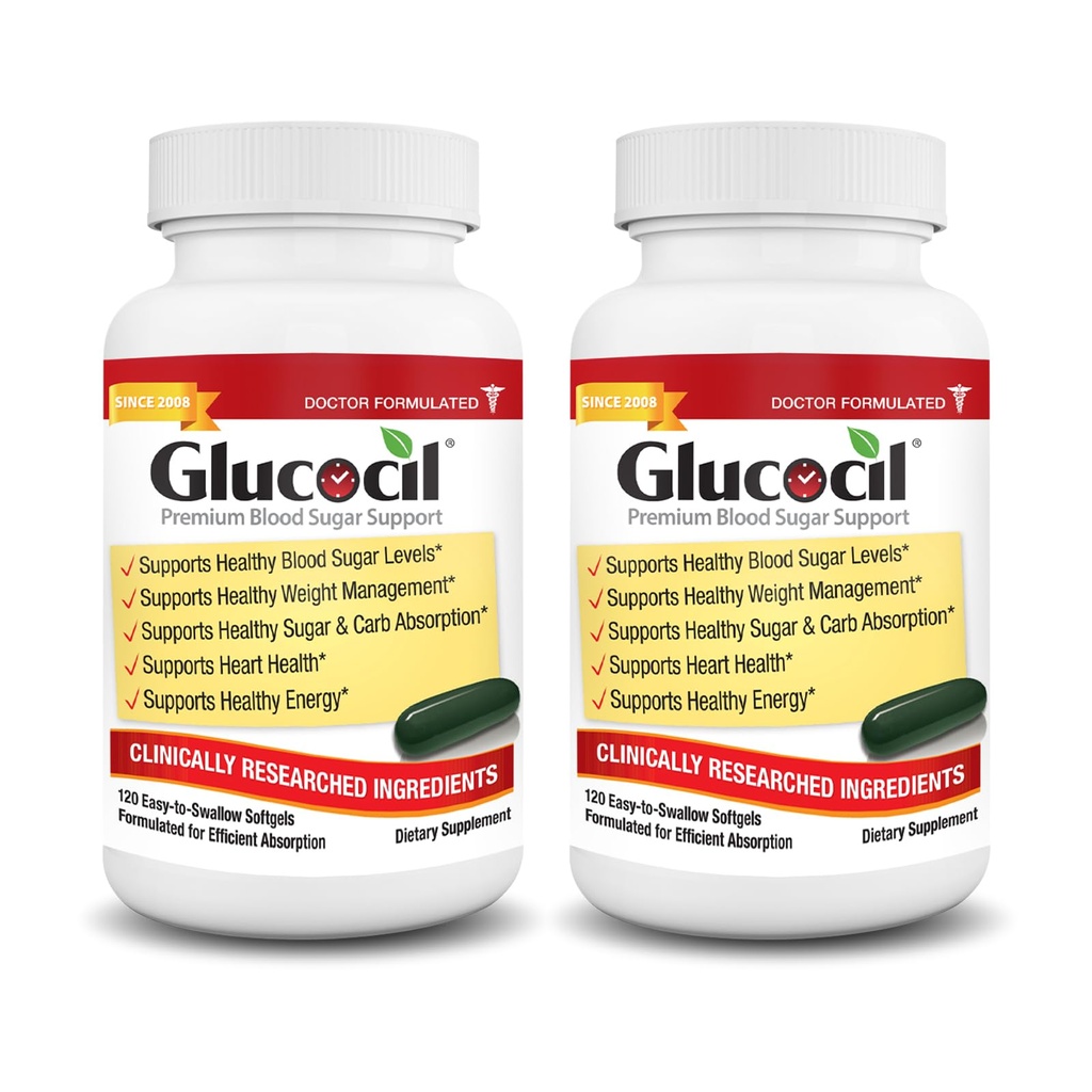 Glucocil – Softgels - Soutien de sucre de sang Premium - Plus de 2 millions de bouteilles vendues - Supporte tous les 3 essentiels de sucre de sang - Depuis 2008, avec Berberine, la feuille de mûre propriétaire, et plus, 2-pack