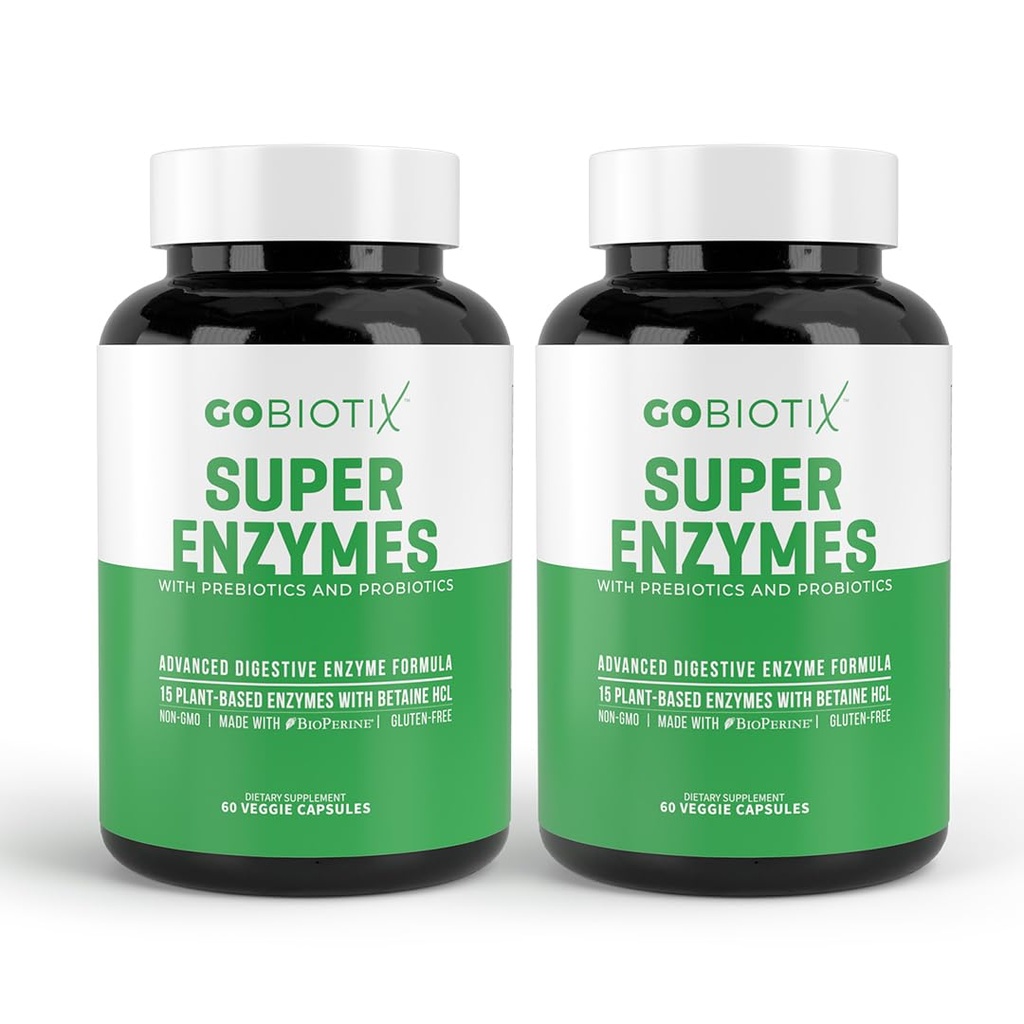 GOBIOTIX Supplément aux enzymes digestives avec prébiotiques et probiotiques pour les femmes et les hommes - Gut Health, Gluten Digestion, Lactose Absorption, Pills alimentaires à base de plantes - 120 Capsules