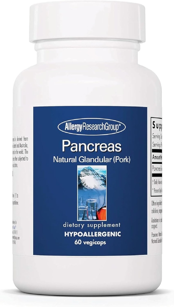 Groupe de recherche sur l'allergie Supplément de porc pancréas - Pancréas Glandulaire naturel, 425mg Enzymes pancréatiques, Enzymes digestifs Amylase, Protase - 60 Compte