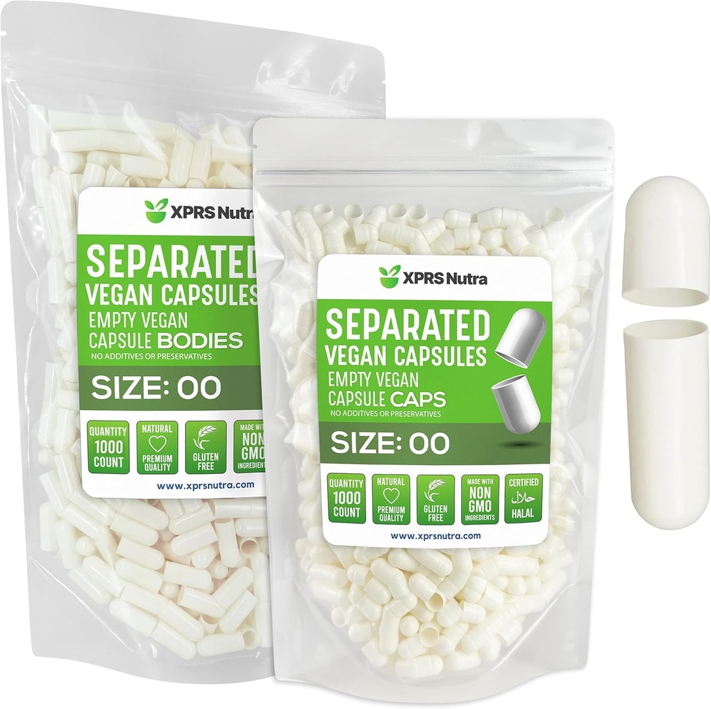 XPRS Nutra Vegan Taille 00 Capsules séparées - 1000 Compte Capsules vides Premium Séparées dans des sacs - 00 Pills vides pour le remplissage de supplément de bricolage (blanc)