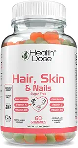La peau des cheveux à dose de santé ongles avec biotine 5000 mcg, vitamine A, D3, C et B6, sans gluten et sans sucre, noix de coco et saveur de fraise 60 Comte Gummies.