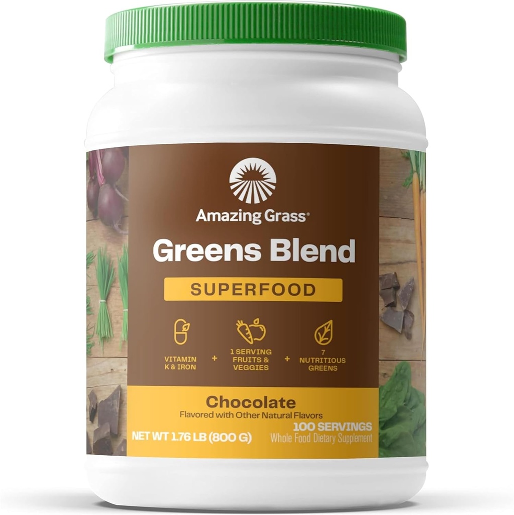 Amazing Grass Greens Superfood Poudre: Greens Poudre avec enzymes et probiotiques digestifs, Spiruline biologique, Chlorella et poudre de racine de betterave, chocolat, 100 portions