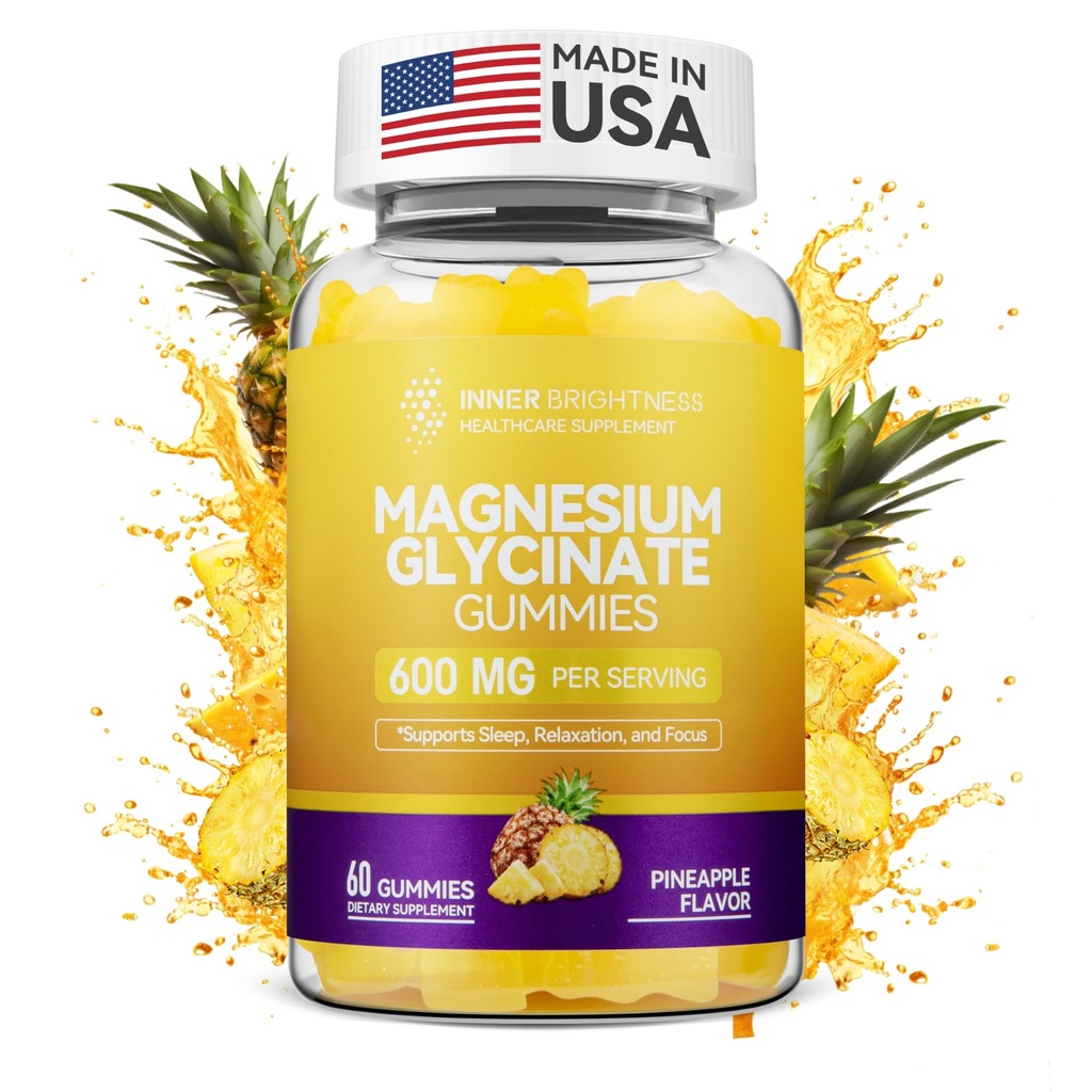 Gommies glycinées de magnésium 600mg, non-OGM, sans gluten, gommies de magnésium pour adultes et enfants, sommeil, relaxation et focus, saveur d'ananas, 60 comte