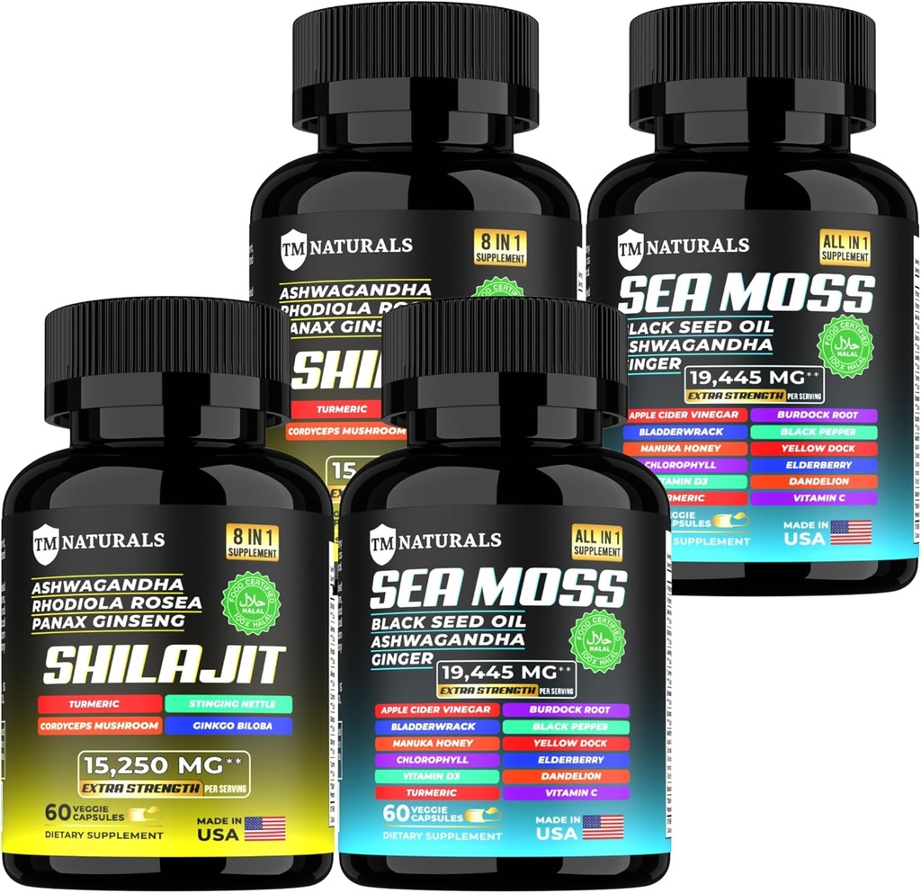 Sea Moss Black Seed Oil Capsules de gingembre Ashwagandha, Supplément avec supplément de curcuma et de gingembre Bladderwrack Root Organic,ACV Black Seed Oil - 240 Sea Moss Capsules