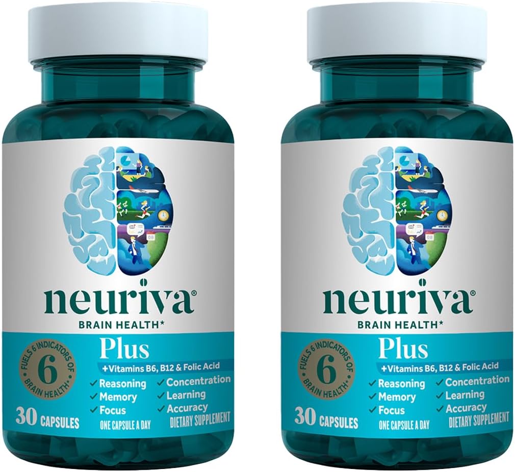 NEURIVA Plus Brain Supplement for Memory, Focus & Concentration + Cognitive Function with Clinically Tested Nootropics Phosphatidylserine and Neurofactor, VIT B6 & B12, 30 Count Capsules (2 Pack)