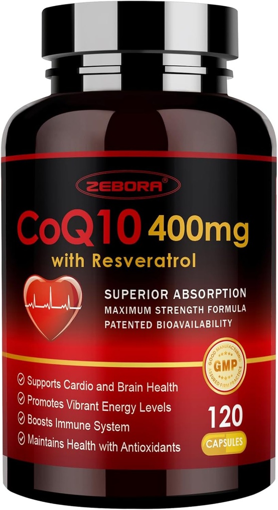 ZEBORA CoQ10-400mg avec trans-résvératrol, PQQ & Vitamine E - Coenzyme d'absorption élevée-Q10 avec BioPerine - puissant antioxydant pour le cœur et la production d'énergie,120 Capsules de Veggie