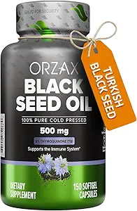 ORZAX Huile de Graine Noire Cold Pressed 100% Pure (non-OGM) – Riche en Omega 3 6 9 et Thymoquinone (150 capsules Softgel)