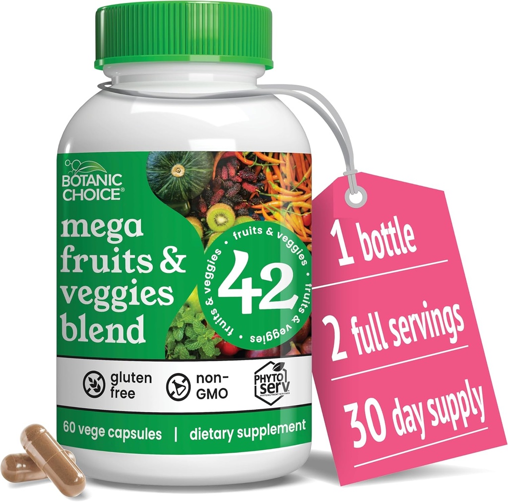 Mélange de fruits et légumes Mega Choice Botanique - 42 gélules de fruits et légumes - Elderberry, Chlorella, Kale - Suppléments - 60 gélules