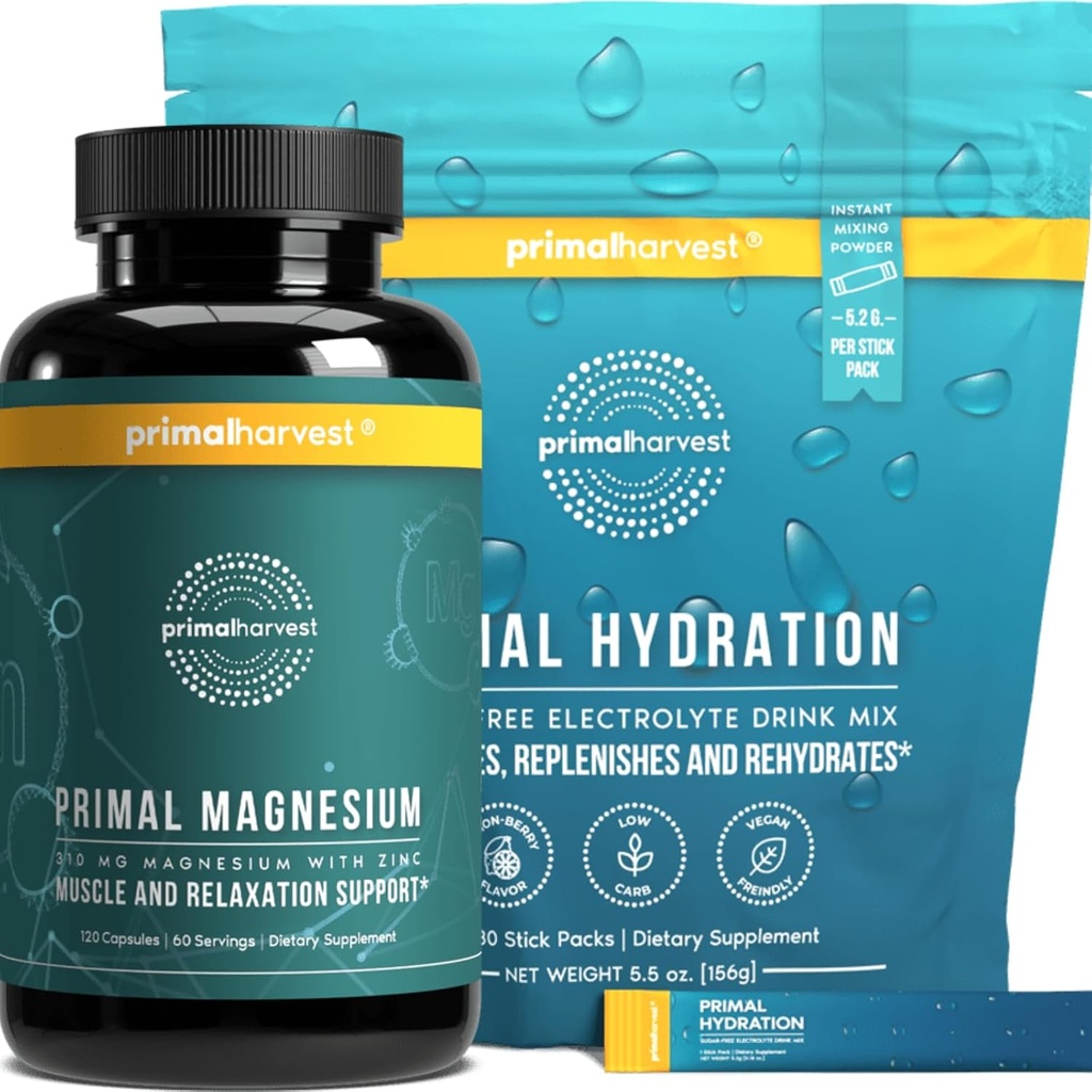 Poudre d'hydratation et suppléments complexes de magnésium pour les hommes par récolte Primal, Bundle