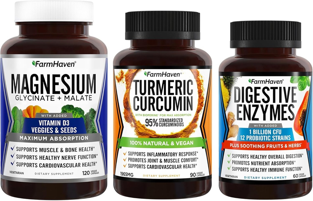 FarmHaven Magnesium Glycinate & Malate Complex w/Vitamin D3 & Turmeric Curcumin with BioPerine Black Pepper & Digestive Enzymes with 18 Probiotics & Herbs