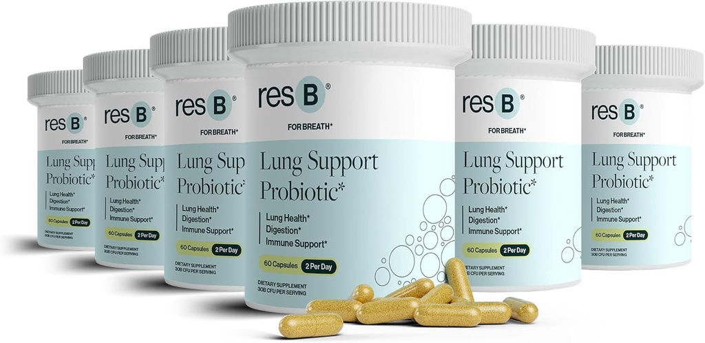 resbiotic resB Lung Support Probiotic Supplement - Supplément santé pulmonaire pour les fumeurs, Gut Health, Immune Support, Soins respiratoires, Basilic Saint, Turmérique, Essais cliniques - 360 capsules (6 bouteilles)