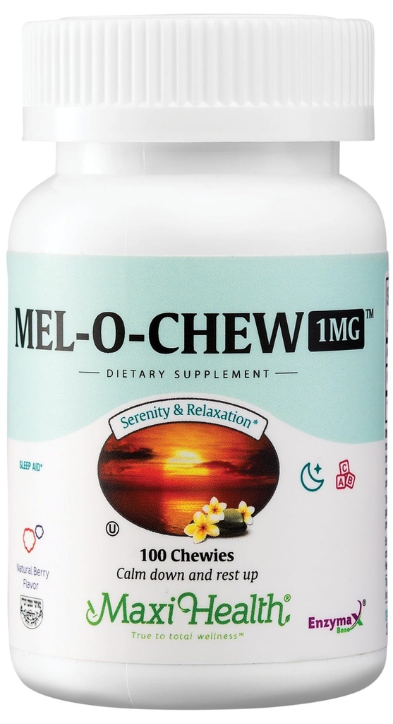 Maxi Health Melatonin 1mg Chewable - Aide au sommeil Melatonin pour encourager le sommeil naturel – Supplément de formation non-habitant avec Enzymax pour le soutien rapide Kosher (100 unités)