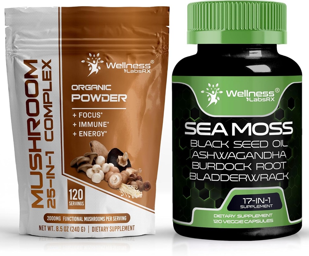 WELLNESS LABSRX Poudre de champignons 2000mg - Capsules de mousse de mer irlandaise