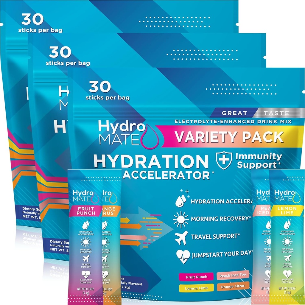 HydroMATE Électrolyte Powder Pack de variétés Packs d'hydratation en vrac Faible sucre 90 Compte